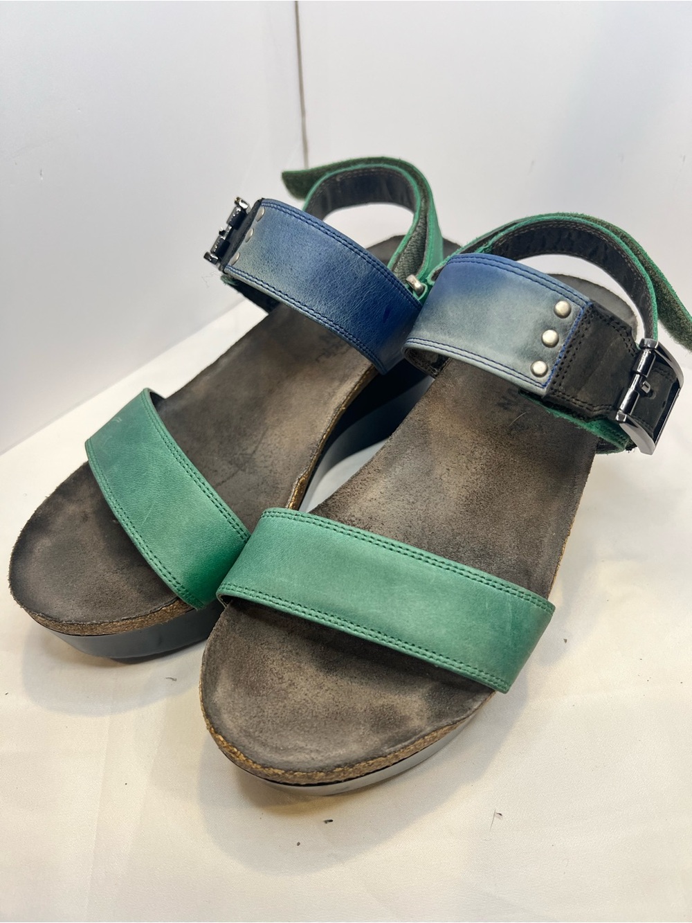 Naot Alpha Wedge Colorblock Leather Sandals Size 38 (US 7-7.5) Oily Emerald/Blue